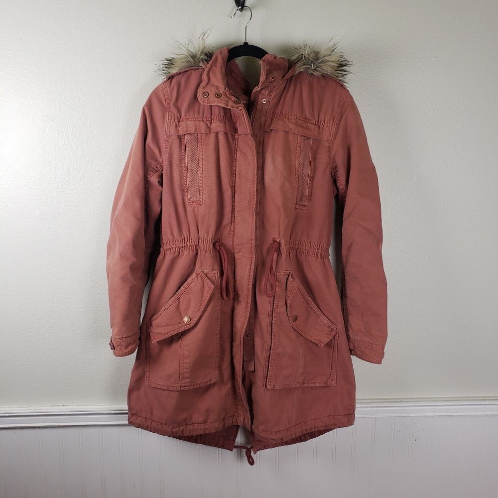 Women's American Eagle Outfitters Pink Winter Overcoat Faux Fur Jacket Medium